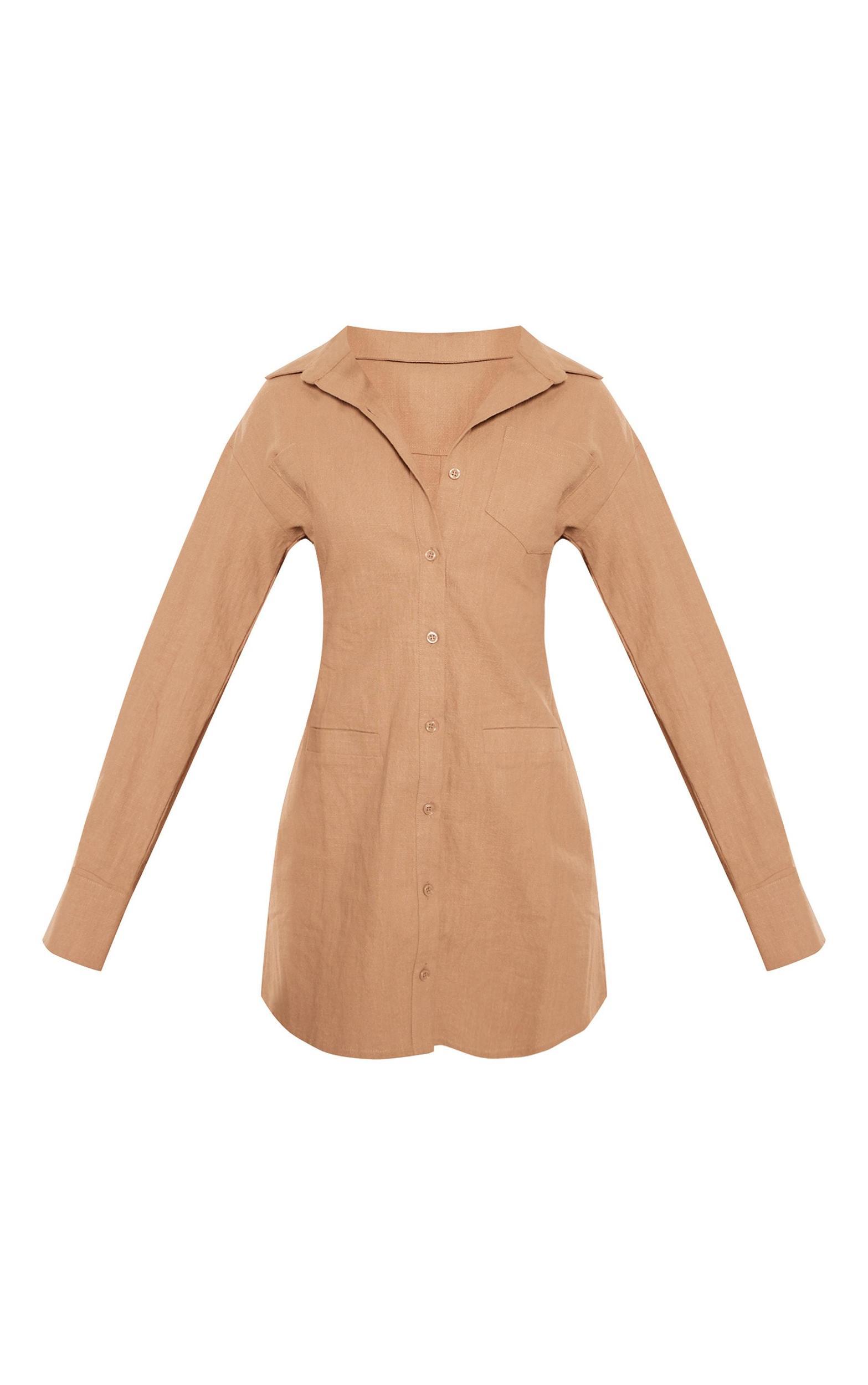 Khaki Fitted Premium Linen Look Shirt Dress Product Image