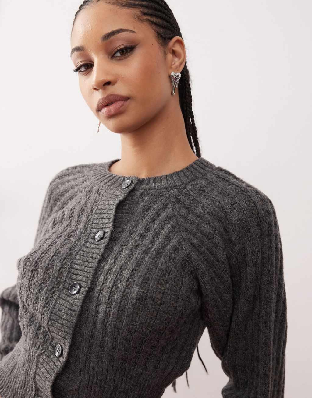 COLLUSION knit button-up cropped cardigan in gray Product Image