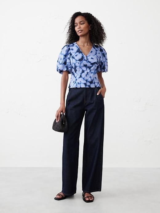 Bubble-Sleeve Seamed Poplin Top Product Image
