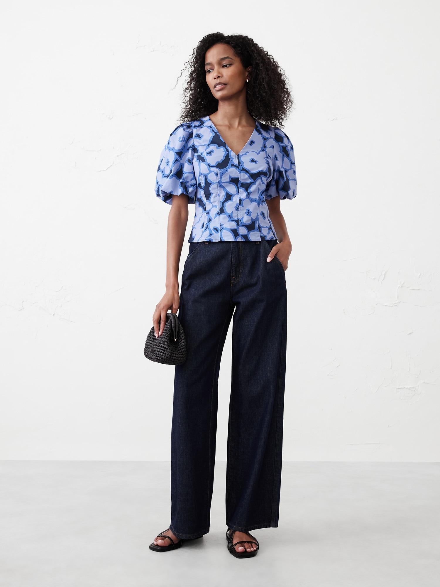 Bubble-Sleeve Seamed Poplin Top Product Image