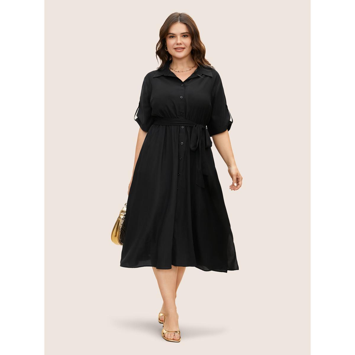 Plus Size Shirt Collar Tab Sleeve Split Hem Dress Black Women At the Office Belted Shirt collar Half Sleeve Curvy BloomChic 14-16/1X Product Image