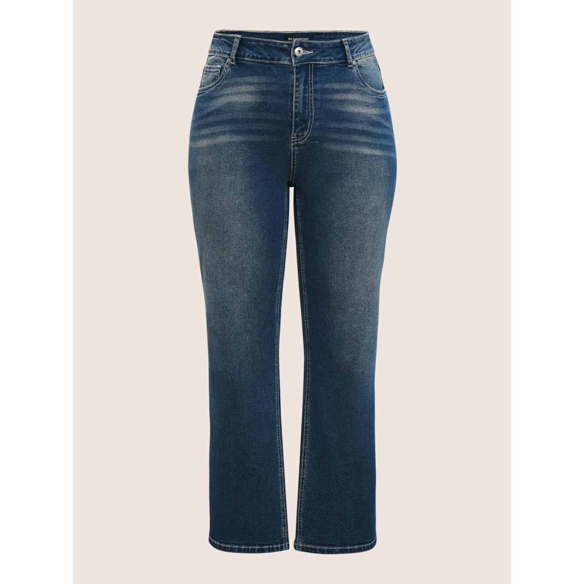 Plus Size Straight Leg Vintage Full Length Jeans Women Aegean Casual Plain Plain High stretch Pocket Jeans BloomChic 12/L Product Image
