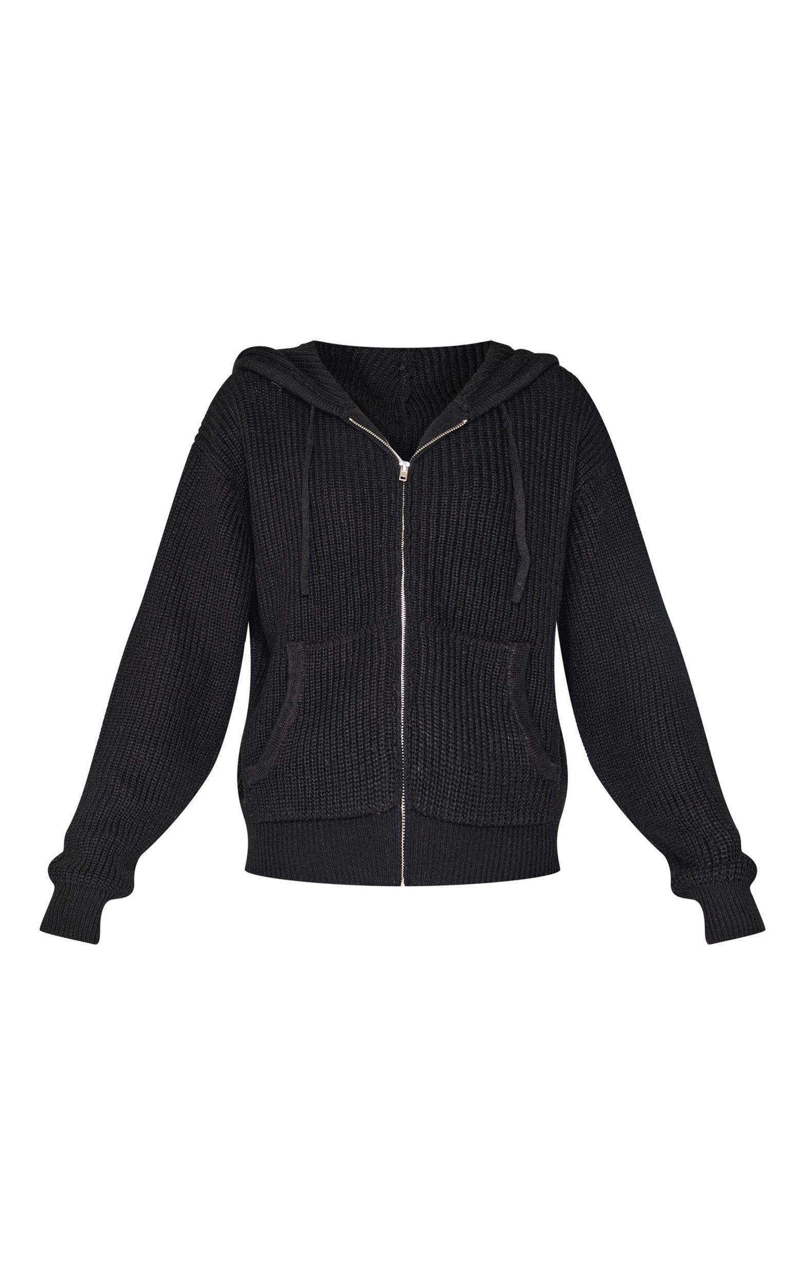 Black Thick Rib Knit Zip Up Hoodie Product Image