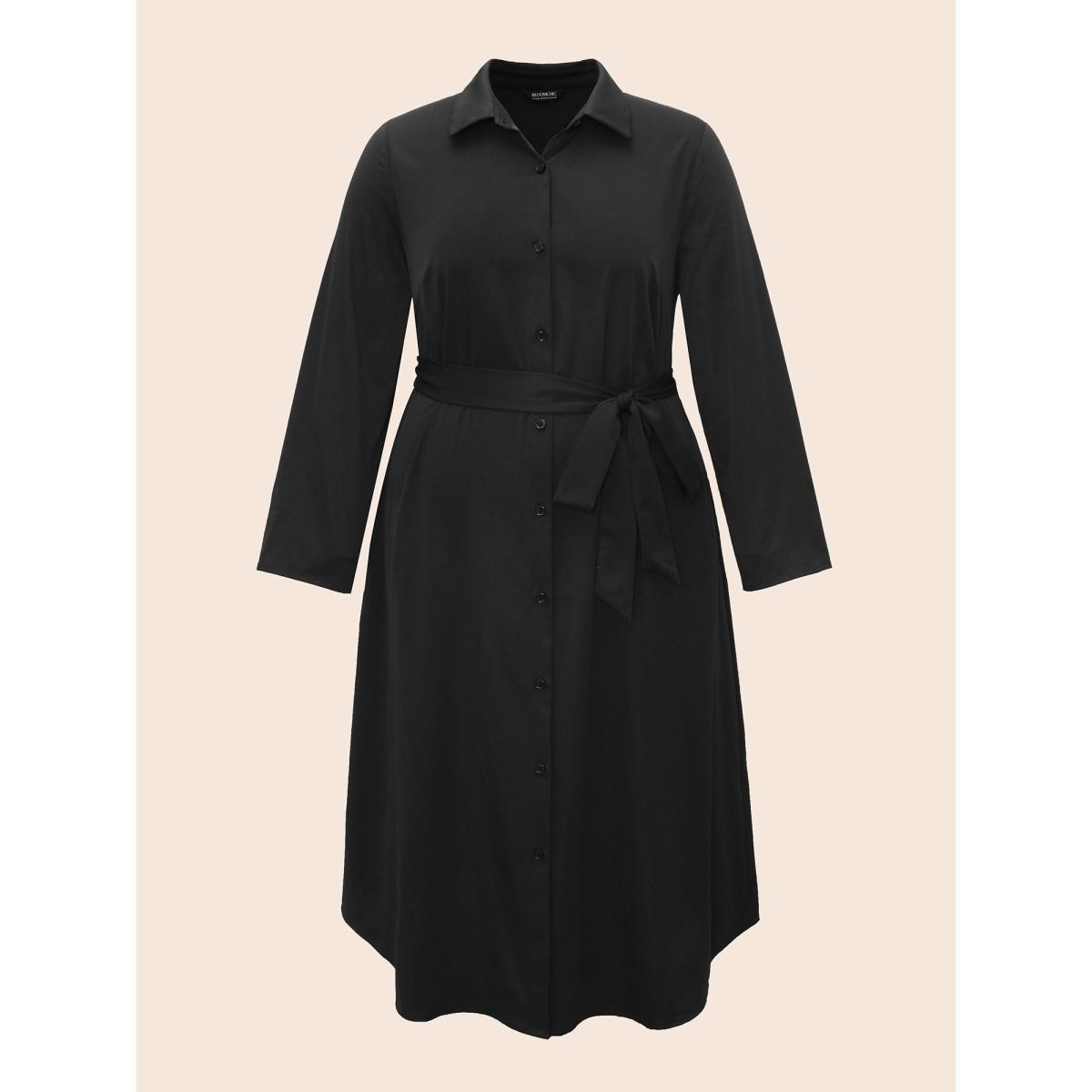 Plus Size Shirt Collar Curved Hem Midi Dress Black Women At the Office Belted Shirt collar Long Sleeve Curvy BloomChic 18-20/2X Product Image