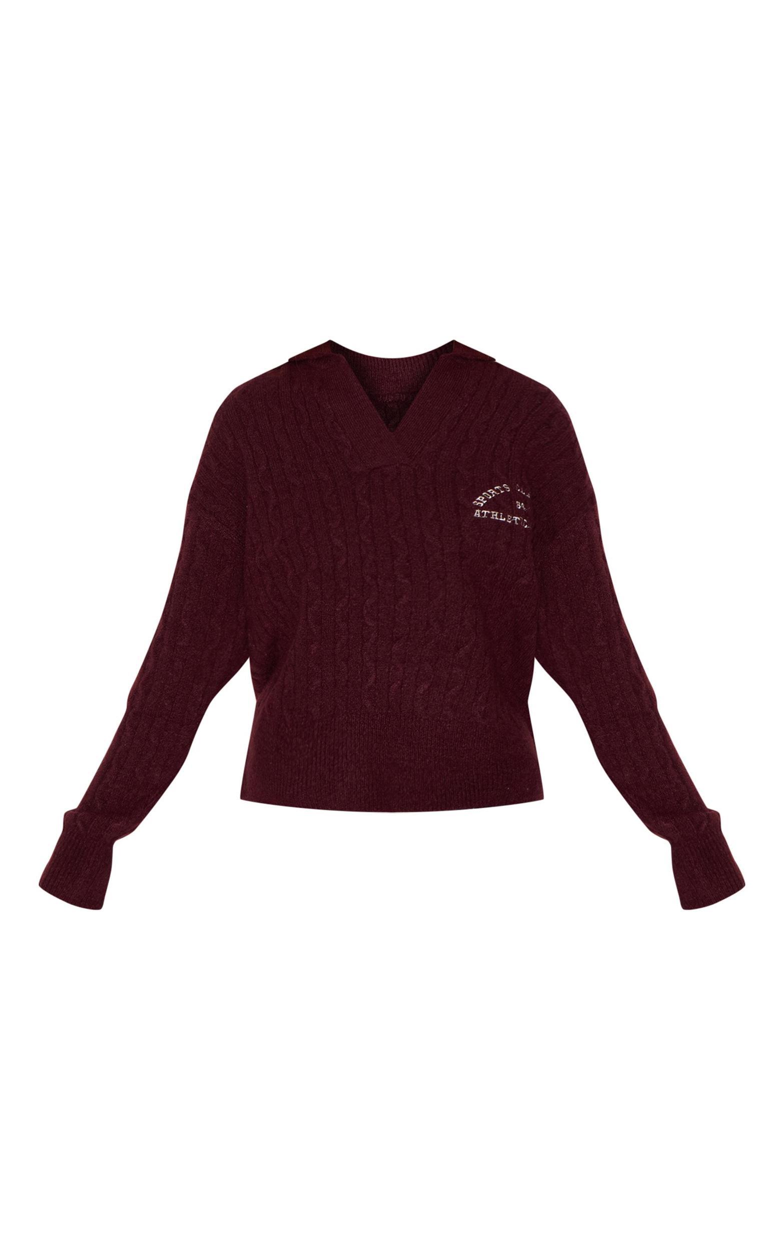 Burgundy Soft Cable Knit Embroidered Collar Detail Oversized Sweater Product Image