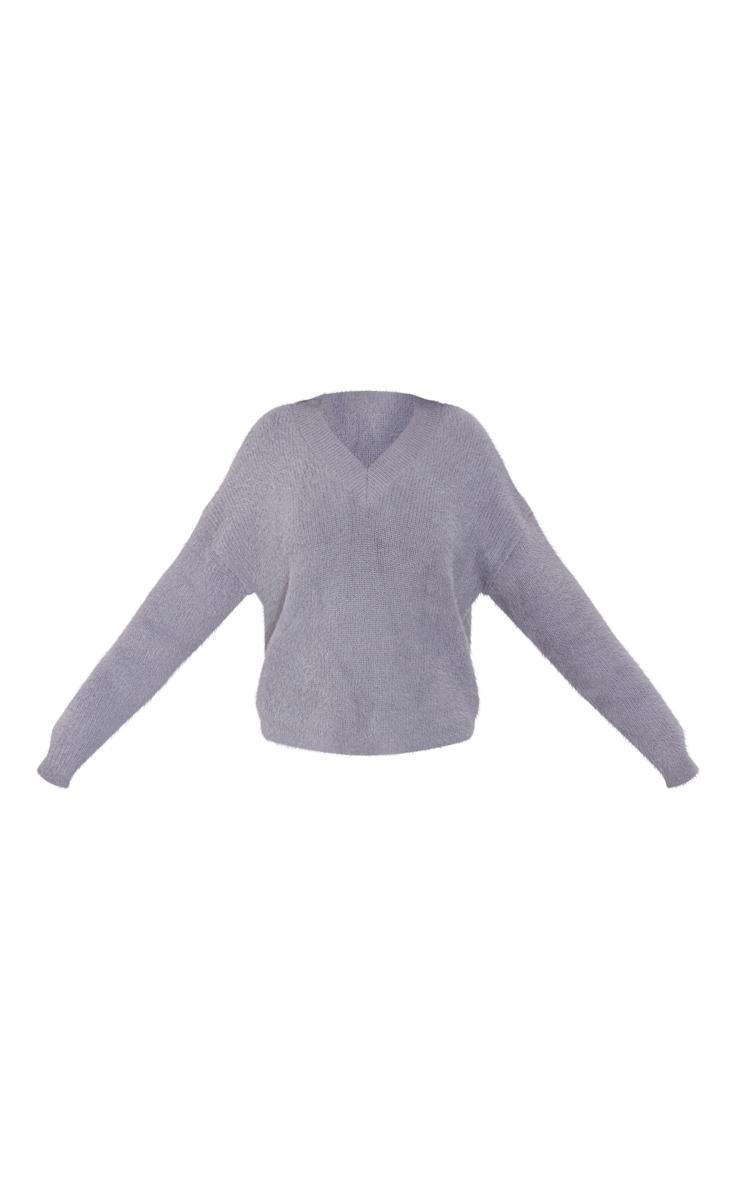 Tall Grey Marl Fluffy Knitted V Neck Sweater Product Image