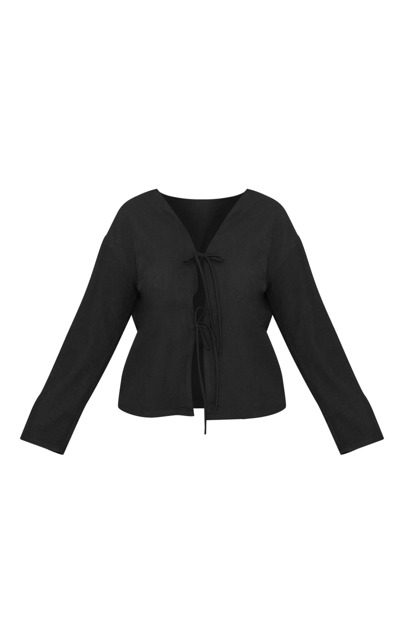 Plus Black Woven Tie Front Flared Sleeve Shirt Product Image