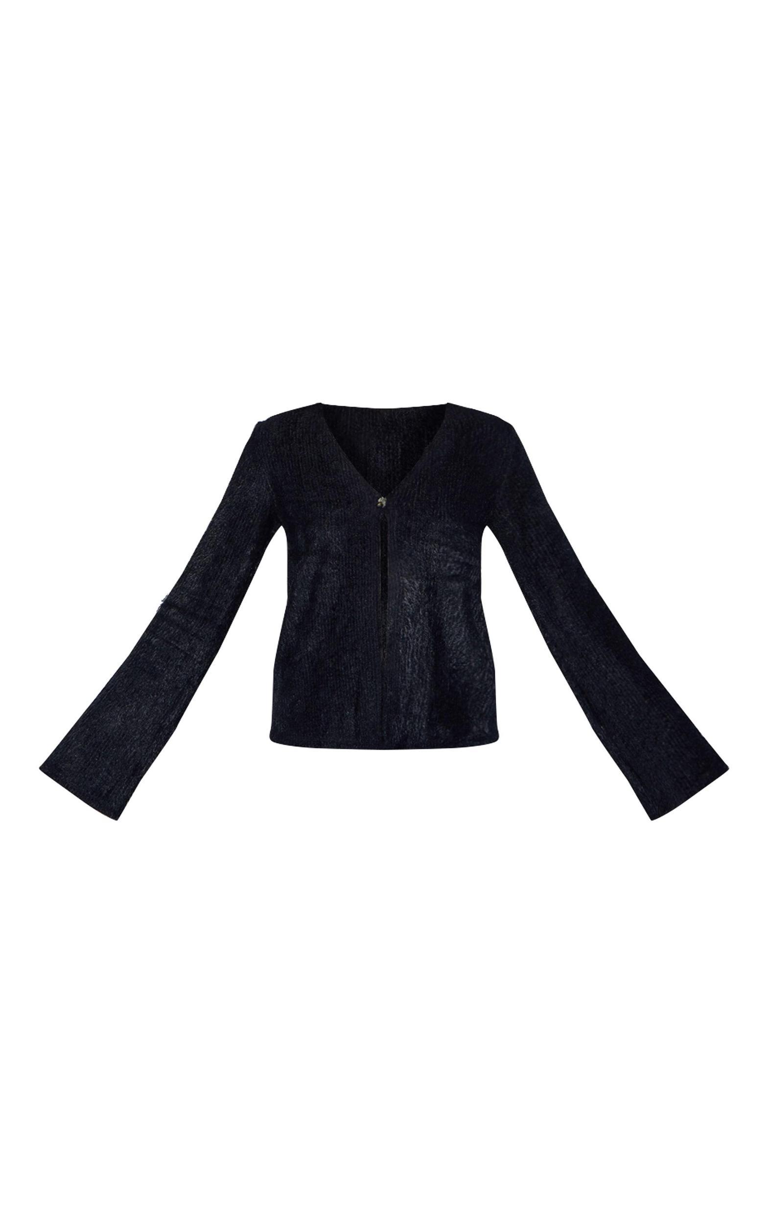 Black Textured V Neck Button Cardigan Product Image