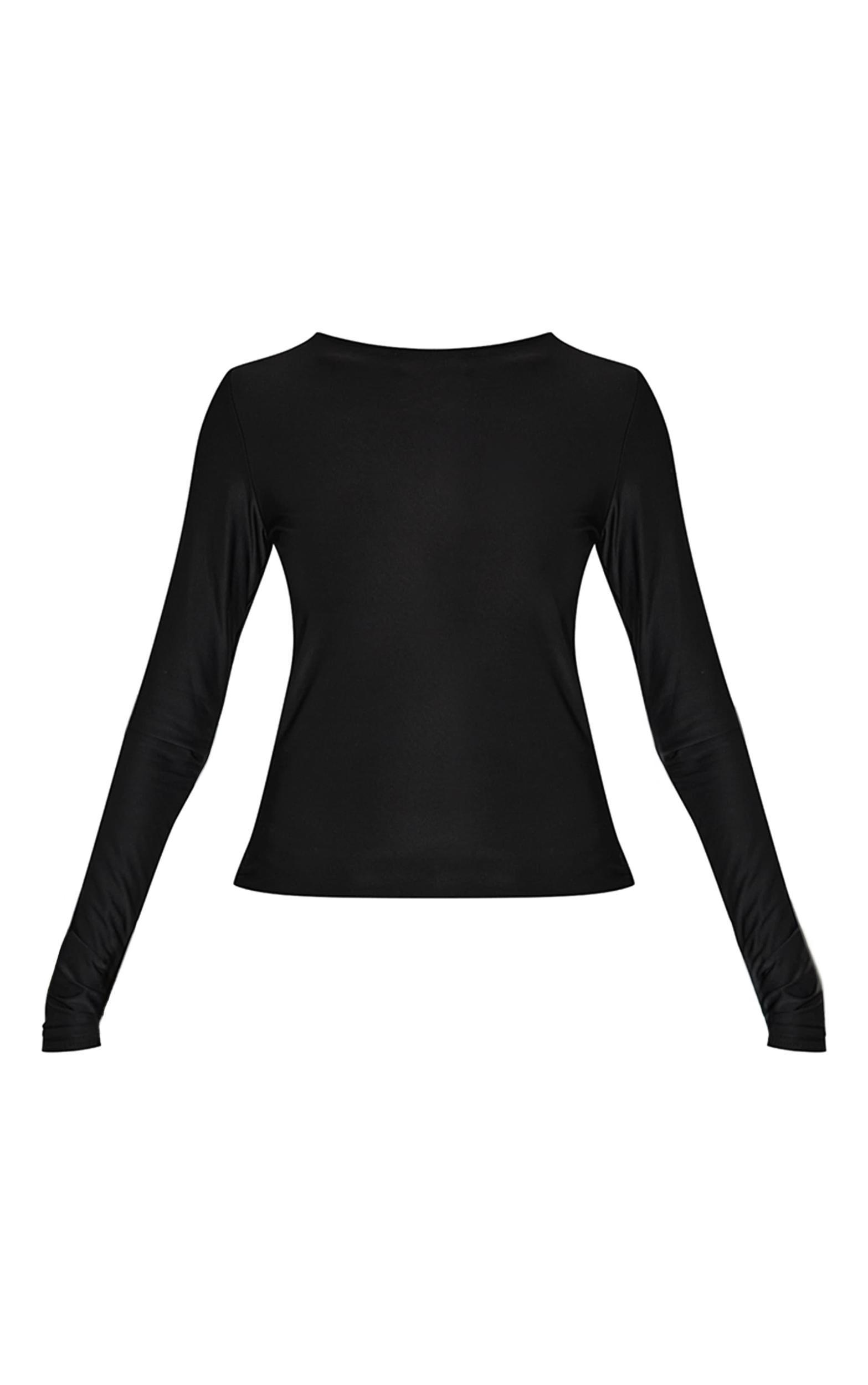 Black Slinky Tie Back Detail Long Sleeve Top Product Image