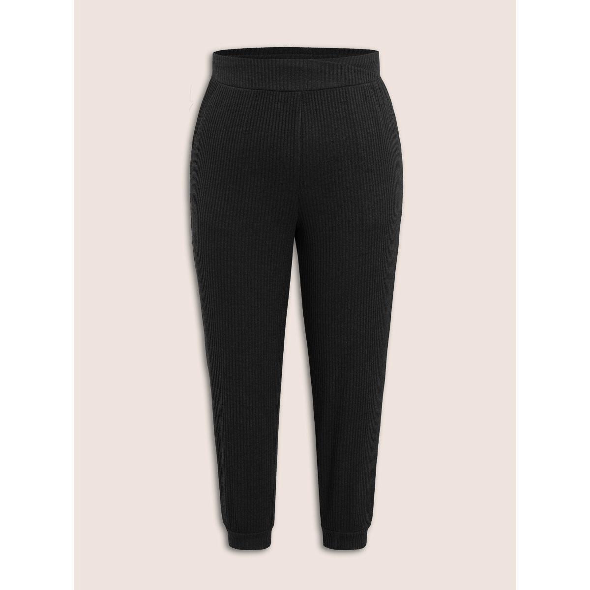 Plus Size Rib Knit Wideband Waist High Rise Pants Women Black Casual High Rise Dailywear Pants BloomChic 10/M Product Image