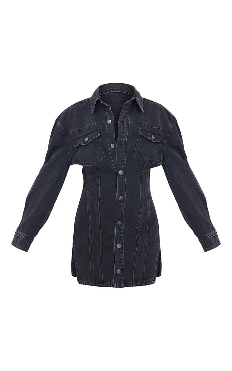 Washed Black Seam Detail Long Sleeve Denim Dress Product Image