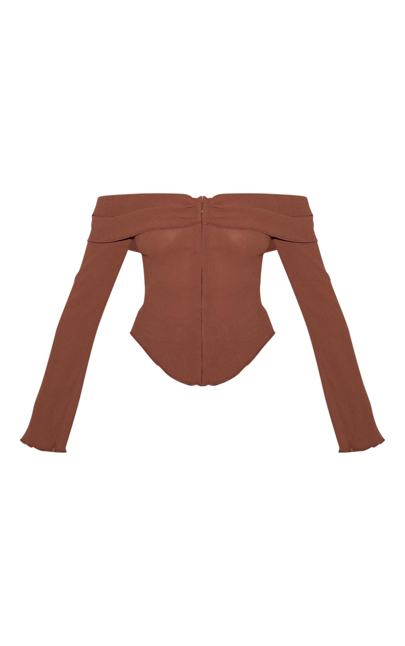 Chocolate Plisse Chiffon Bardot Blouse Product Image