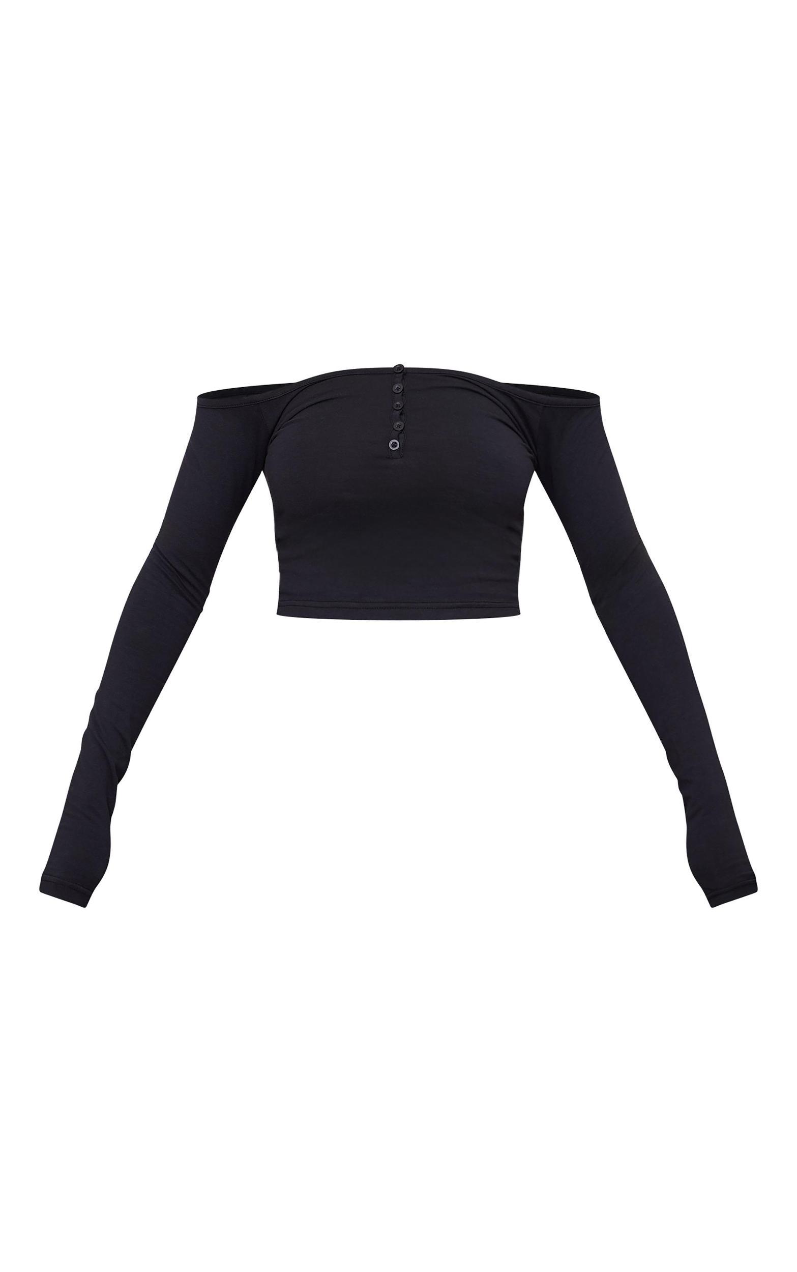 Black Bardot Button Detail Long Sleeve Top Product Image