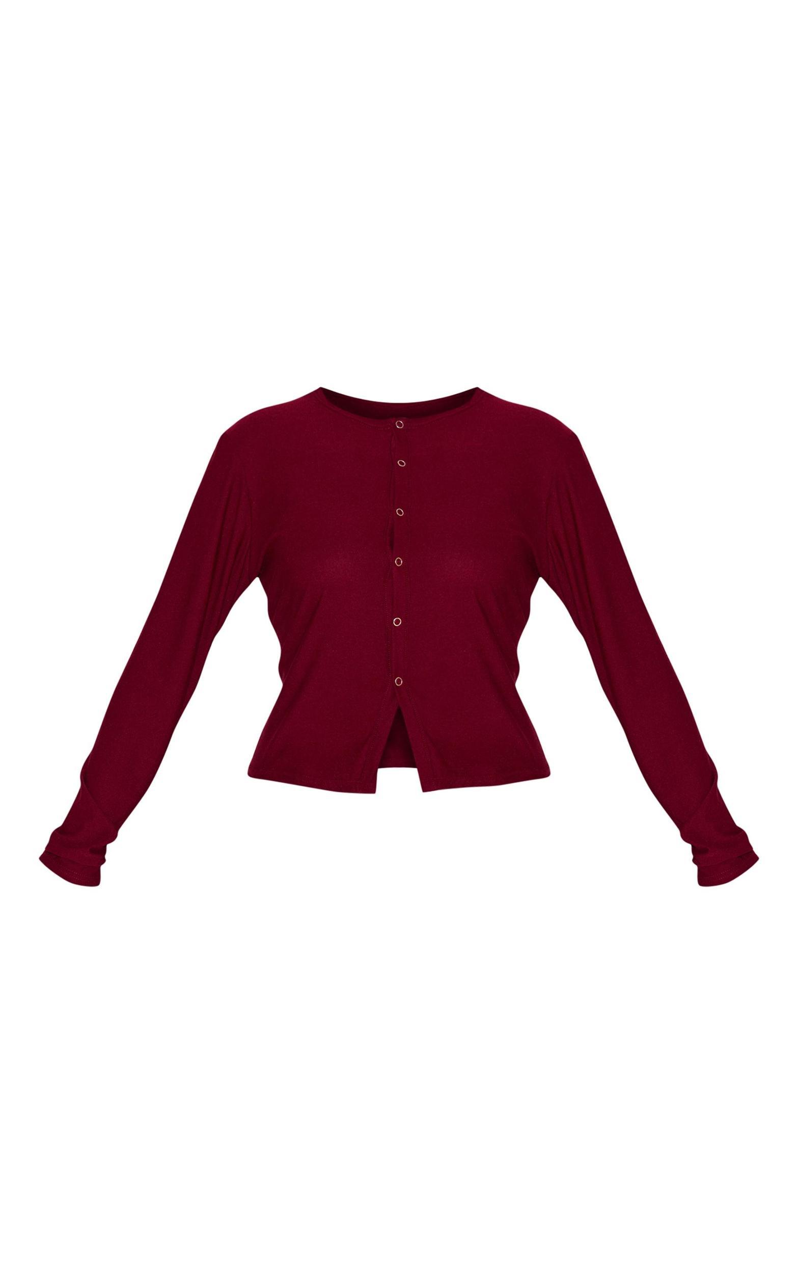 Plus Burgundy Soft Touch Popper Fitted Long Sleeve Long Top Product Image