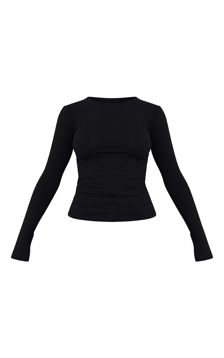 Black Basic Cotton Blend Long Sleeve Fitted T Shirt Product Image