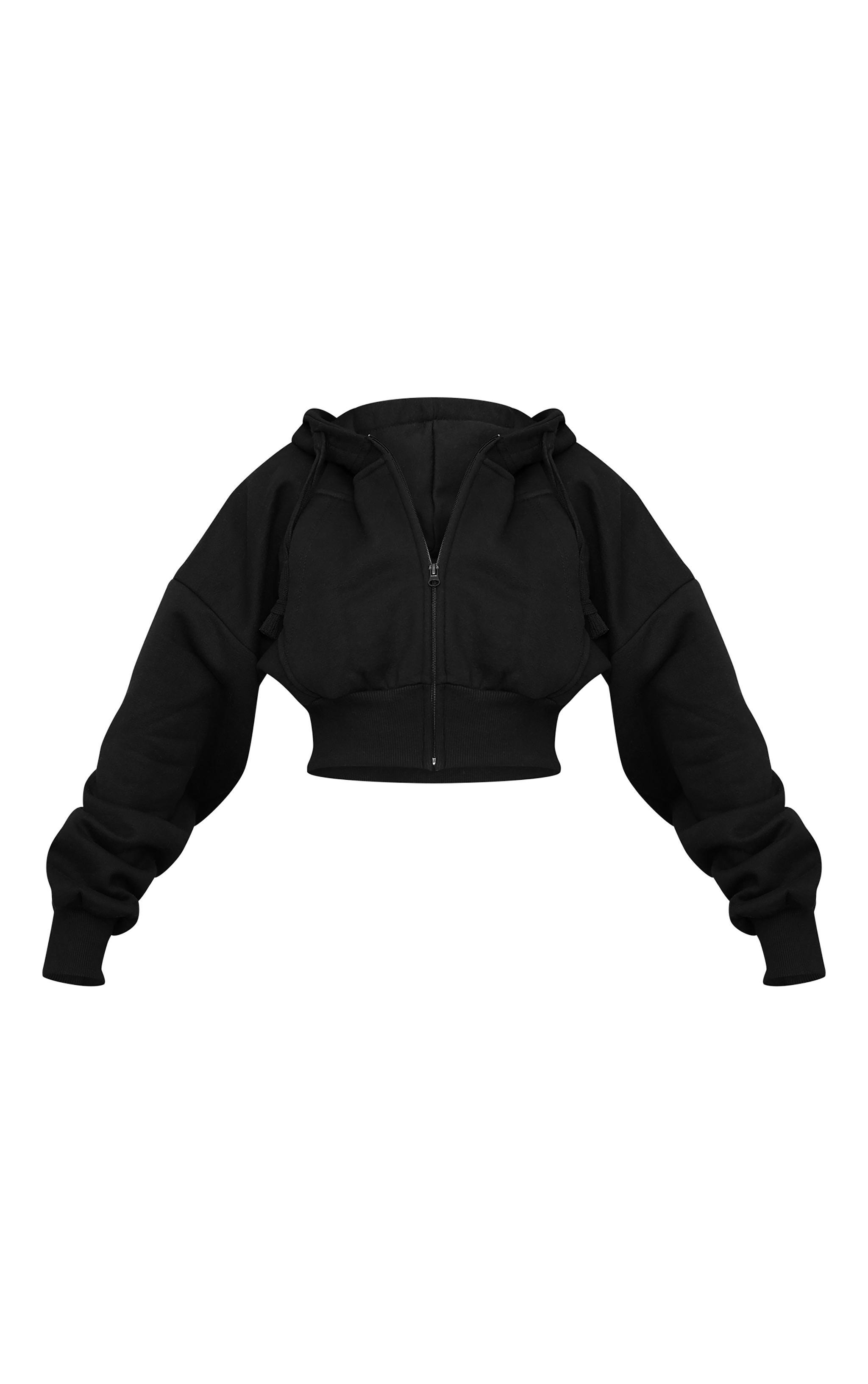 Black Zip Up Pocket Detail Cropped Hoodie Product Image