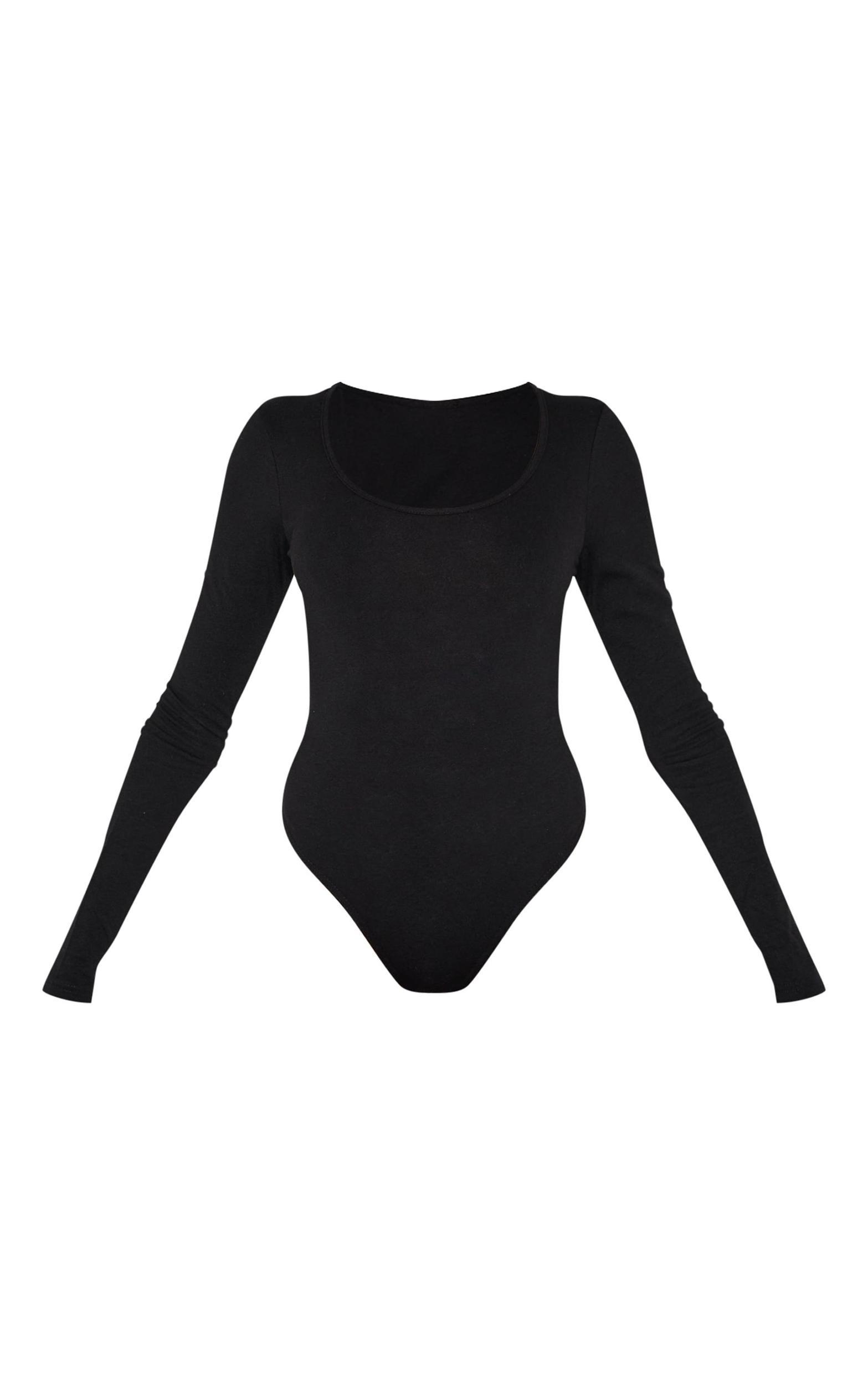 Basic Black Cotton Blend Scoop Neck Long Sleeve Bodysuit Product Image
