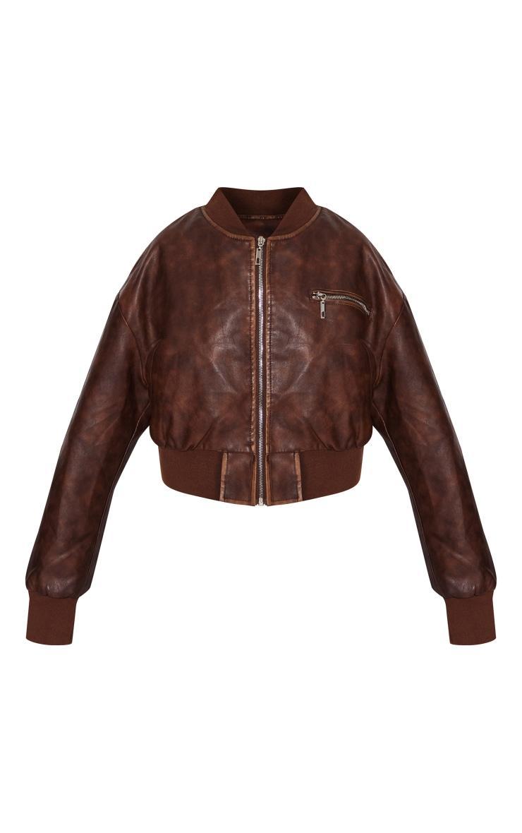 Brown Faux Leather Mottled Texture Zip Detail Bomber Jacket Product Image