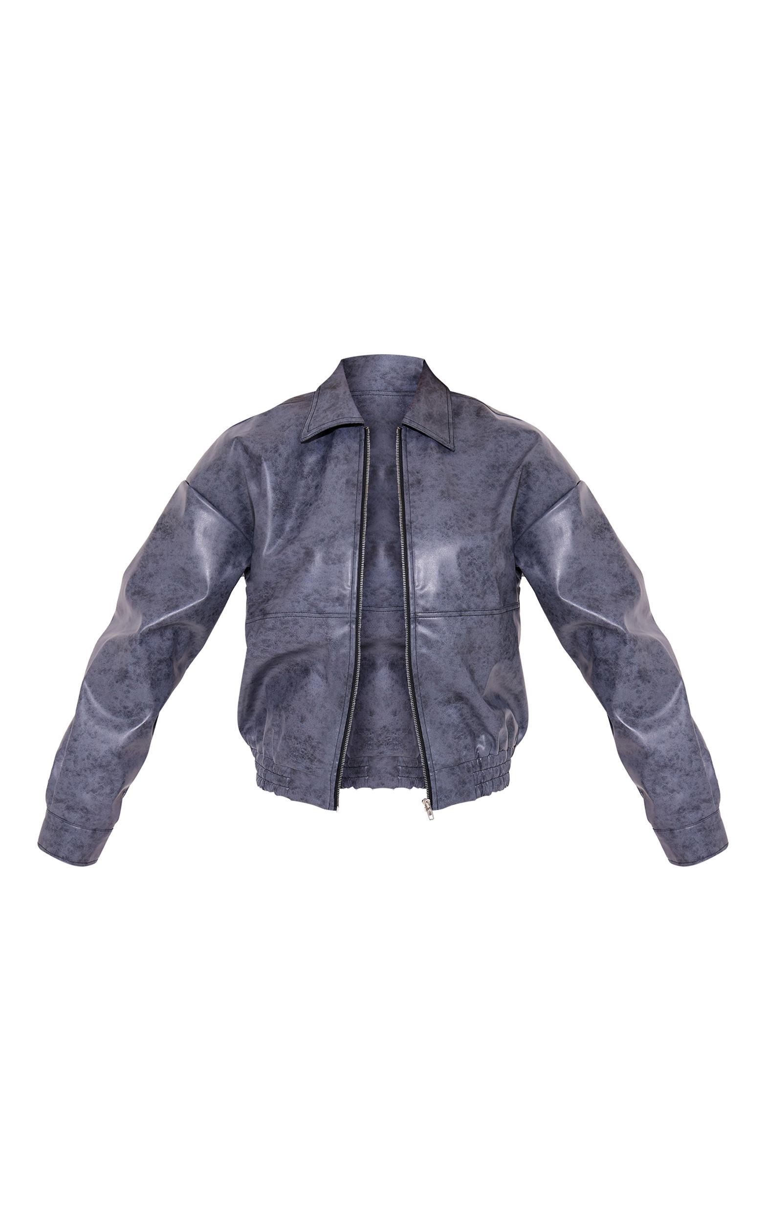 Blue Grey Distressed Faux Leather Zip Up Oversized Jacket Product Image
