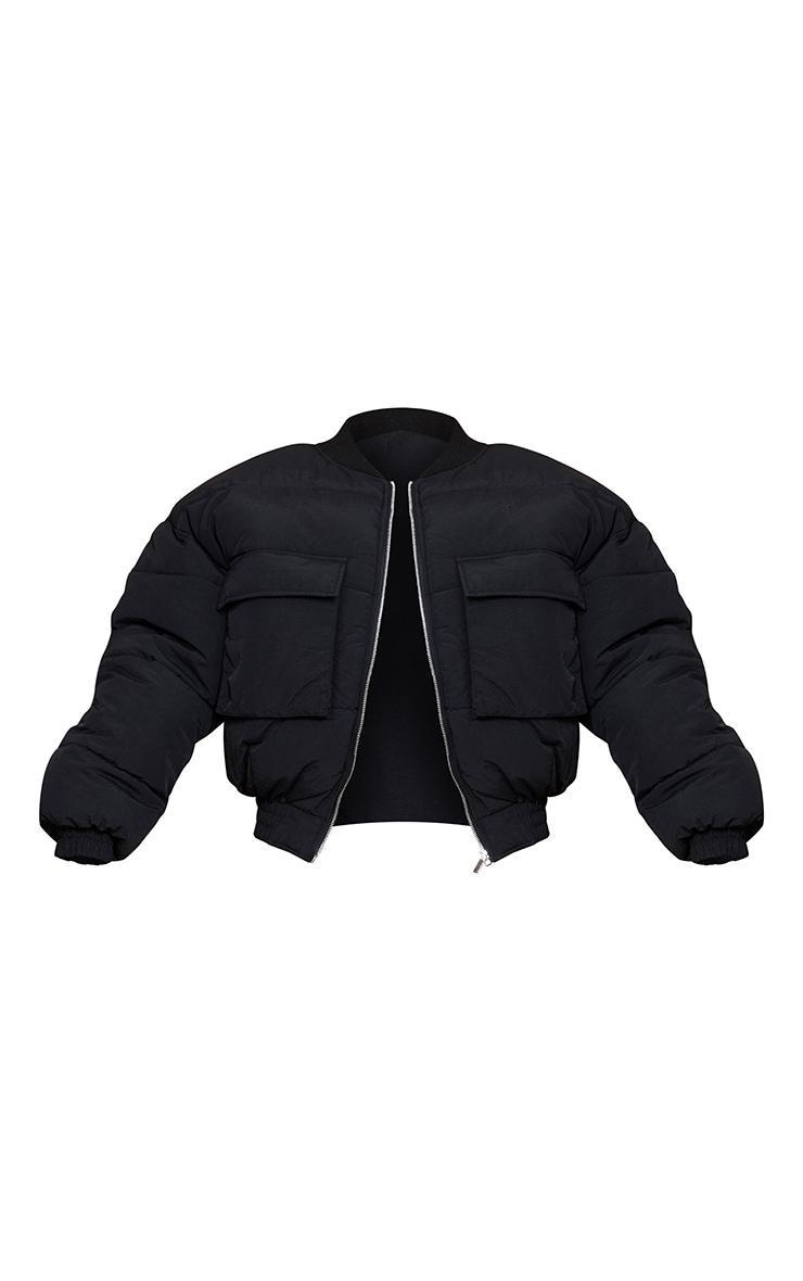 Black Nylon Pocket Front Panel Sleeve Oversized Bomber Jacket Product Image