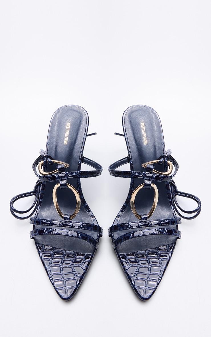 Blue Croc Pu Point Toe Ring Detail Lace Up Heeled Sandals Product Image