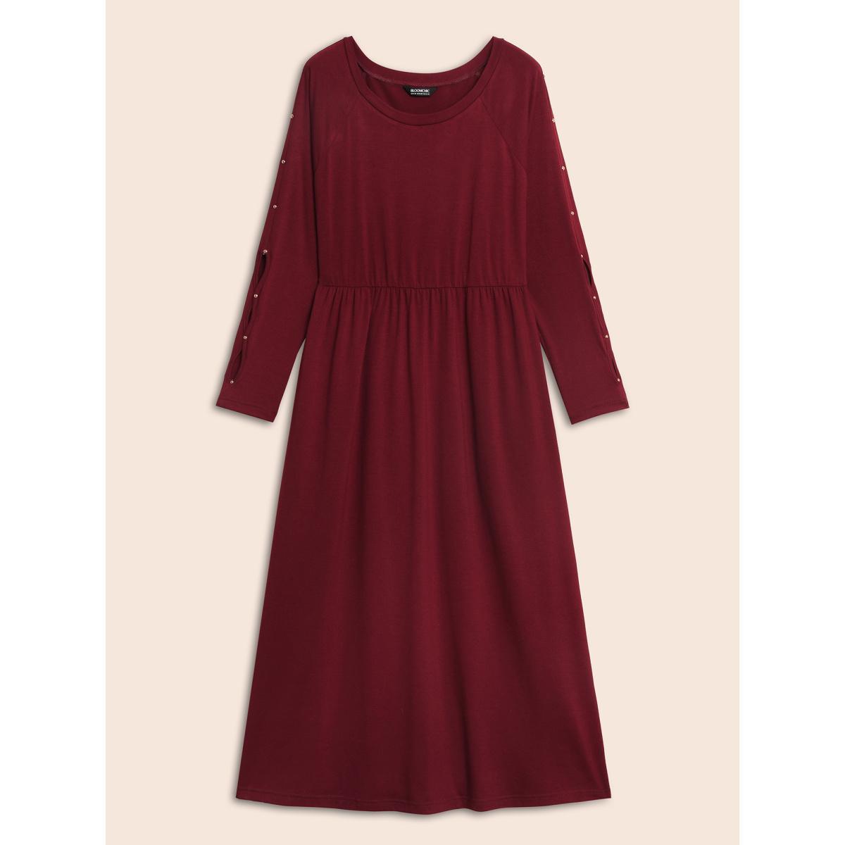 Plus Size Pearl Beaded Cut Out Midi Dress Burgundy Women Elegant Beaded Round Neck Long Sleeve Curvy BloomChic 18-20/2X Product Image