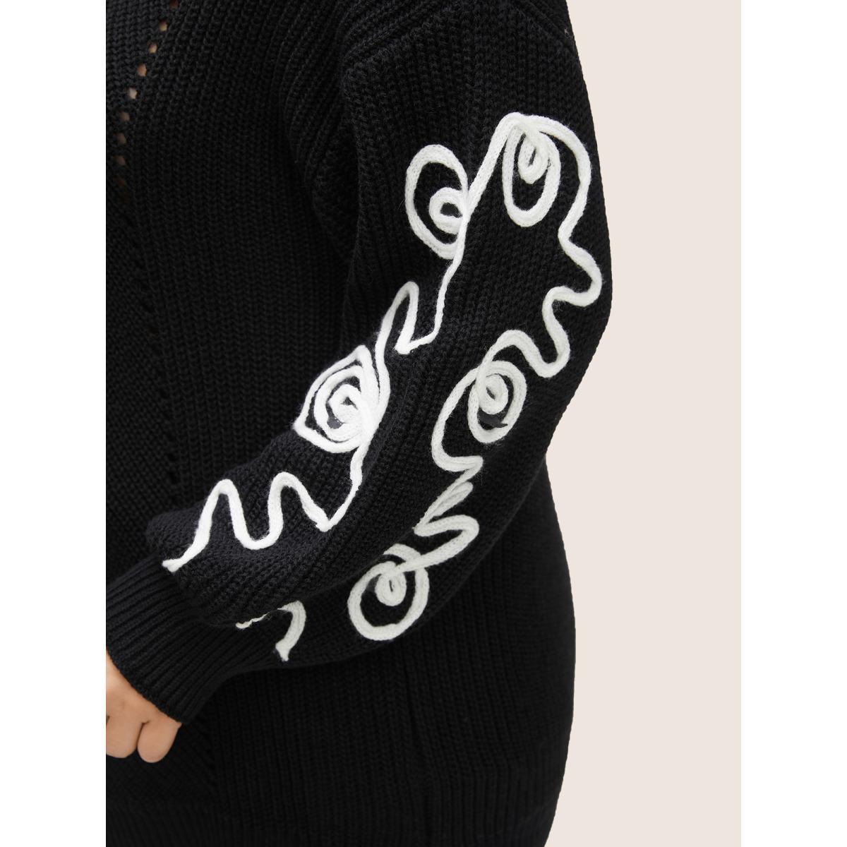 Plus Size Contrast Embroidered Crew Neck Pointelle Pullover Black Women Casual Long Sleeve Round Neck Everyday Pullovers BloomChic 22-24/3X Product Image