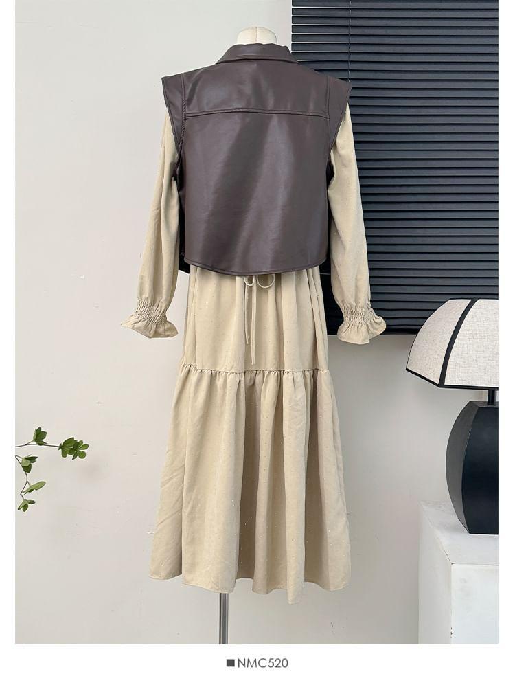 Beaded Loose A-Line Dress / Faux-Leather Vest Jacket Product Image