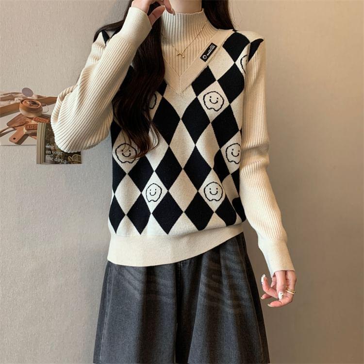 Long-Sleeve Mock Neck Mock Two-Piece Smiley Face Print Panel Knit Top Product Image