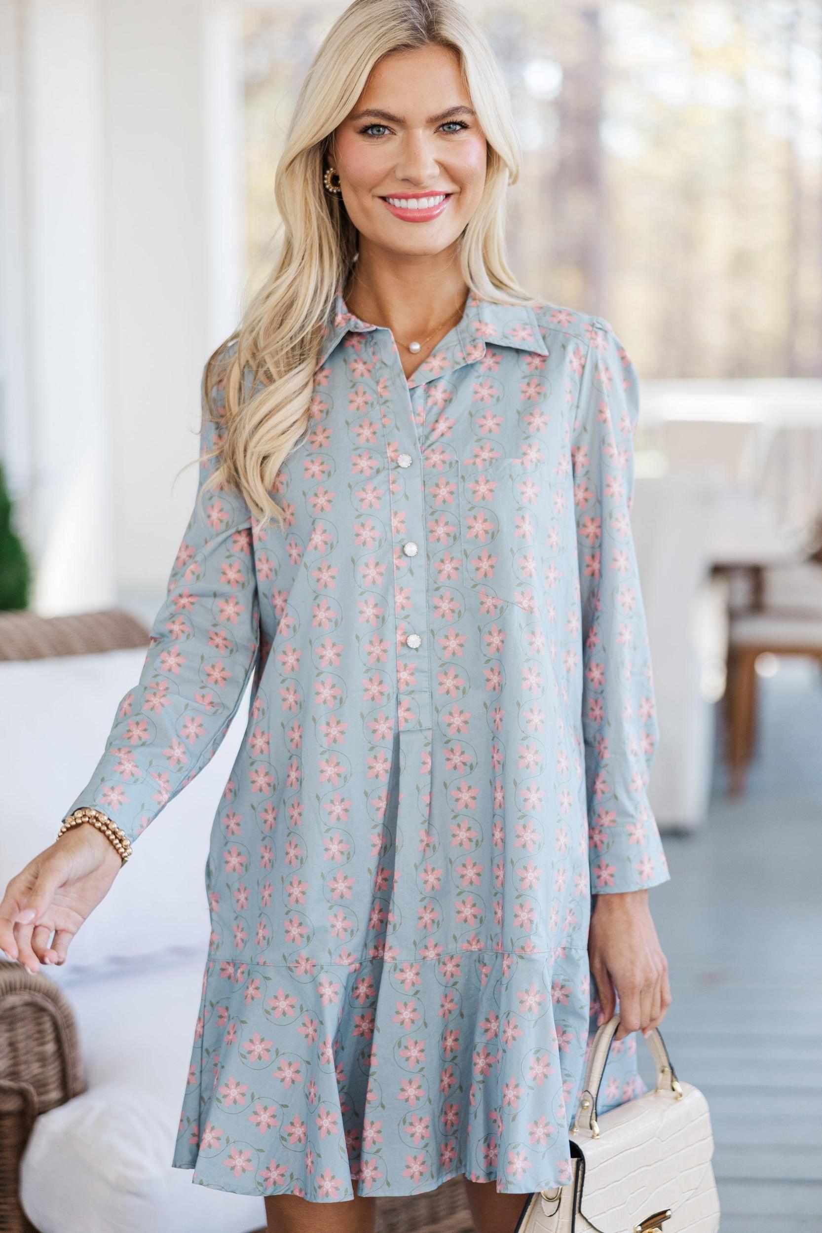 Share Your Story Light Blue Floral Shirt Dress Female Product Image