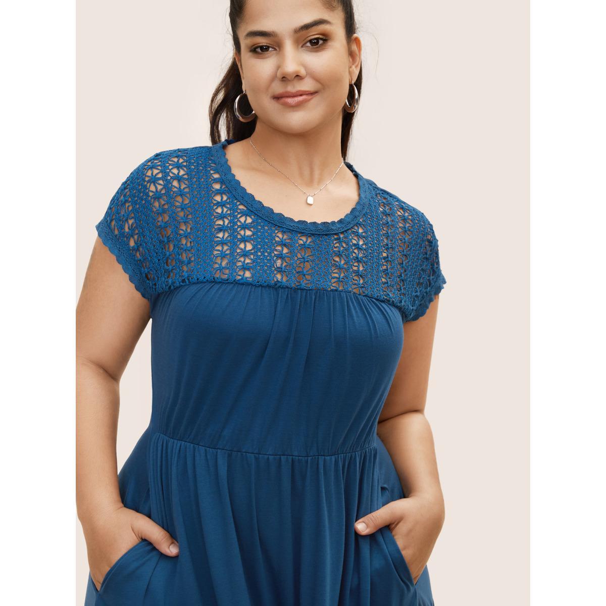 Plus Size Crochet Lace Gathered Dolman Sleeve Dress Mediumblue Women Casual Woven ribbon&lace trim Round Neck Cap Sleeve Curvy BloomChic 12/L Product Image