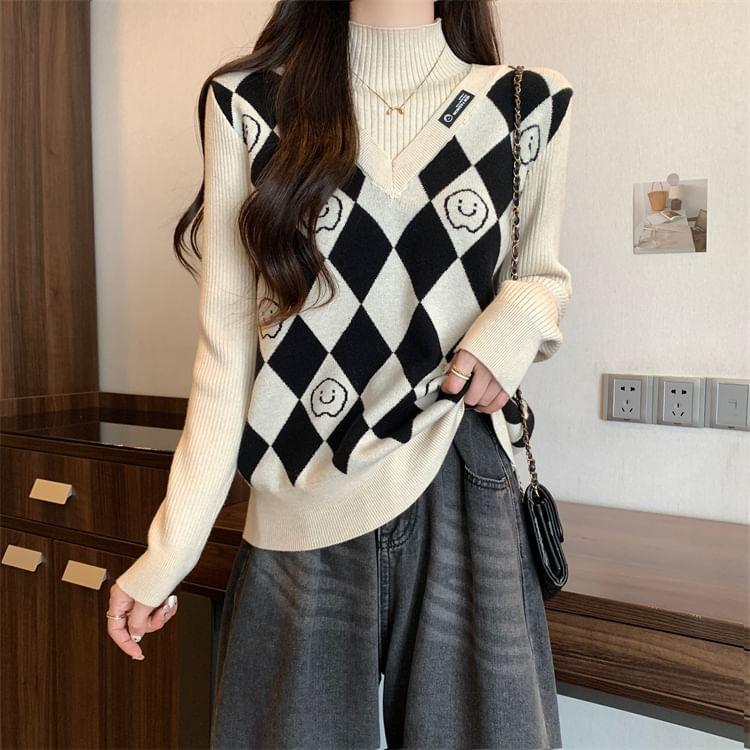 Long-Sleeve Mock Neck Mock Two-Piece Smiley Face Print Panel Knit Top Product Image