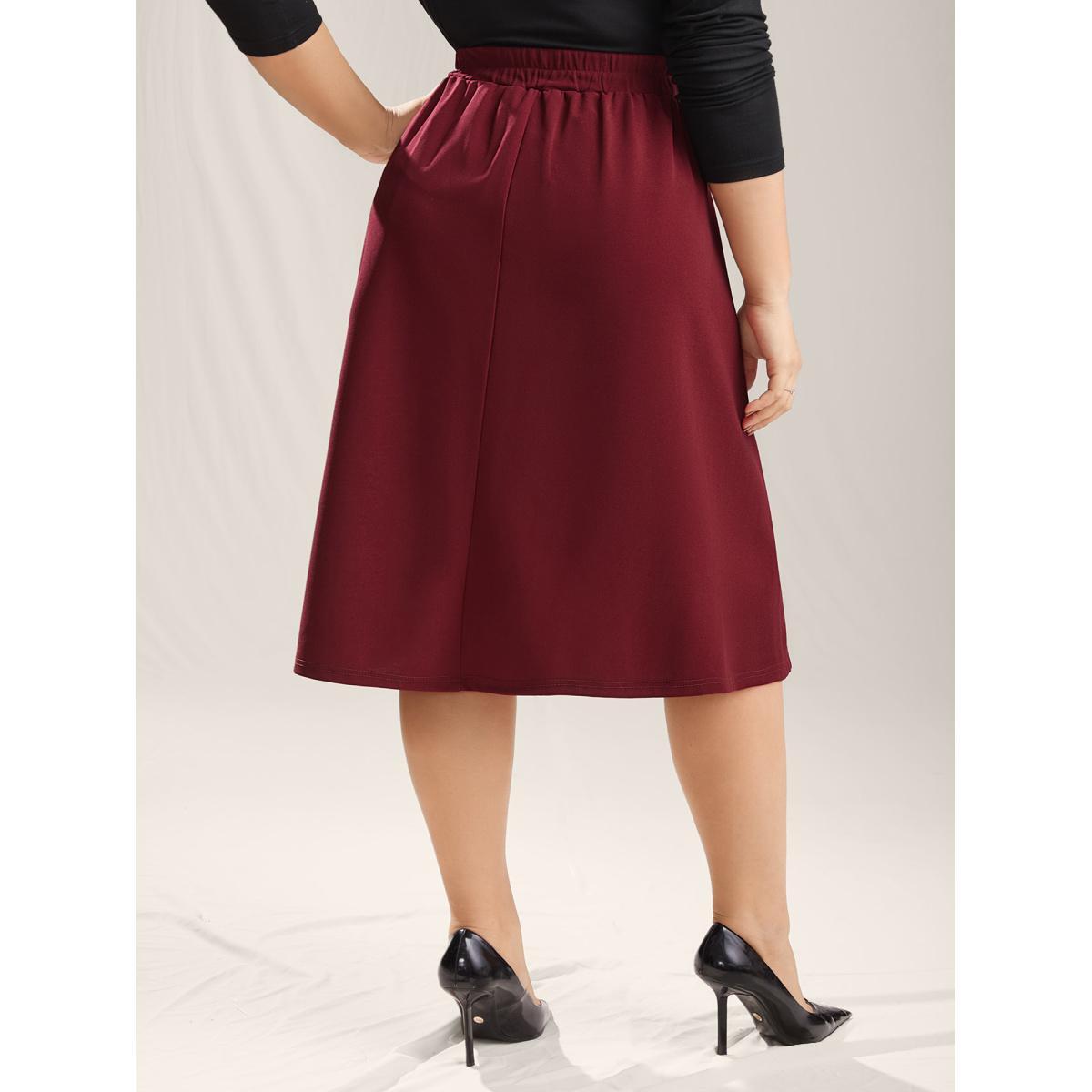 Plus Size Buckle Detail Pleated Midi Skirt Women Burgundy Formal Belted Low stretch Slanted pocket Belt Party Skirts BloomChic 12/L Product Image