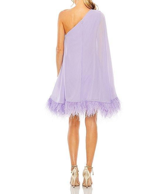 Mac Duggal One Shoulder Long Sleeve Feather Trim Shift Dress Product Image