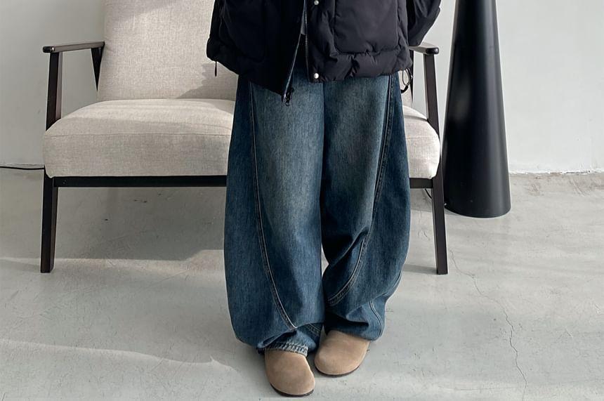 Collared Plaid Panel Button Down Puffer Jacket Product Image