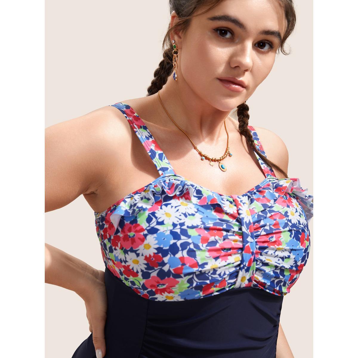 Plus Size Ditsy Floral Patchwork Ruffles Gathered One Piece Swimsuit Women's Swimwear Midnight Beach Non Curve Bathing Suits High stretch One Pieces BloomChic 22-24/3X Product Image
