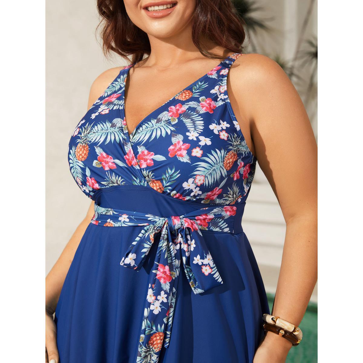 Plus Size Tropical Floral Print Waist-Tie Swim Dress Women's Swimwear Mediumblue Beach Bodycon Overlap Collar High stretch Curve Swim Dresses BloomChic 18-20/2X Product Image