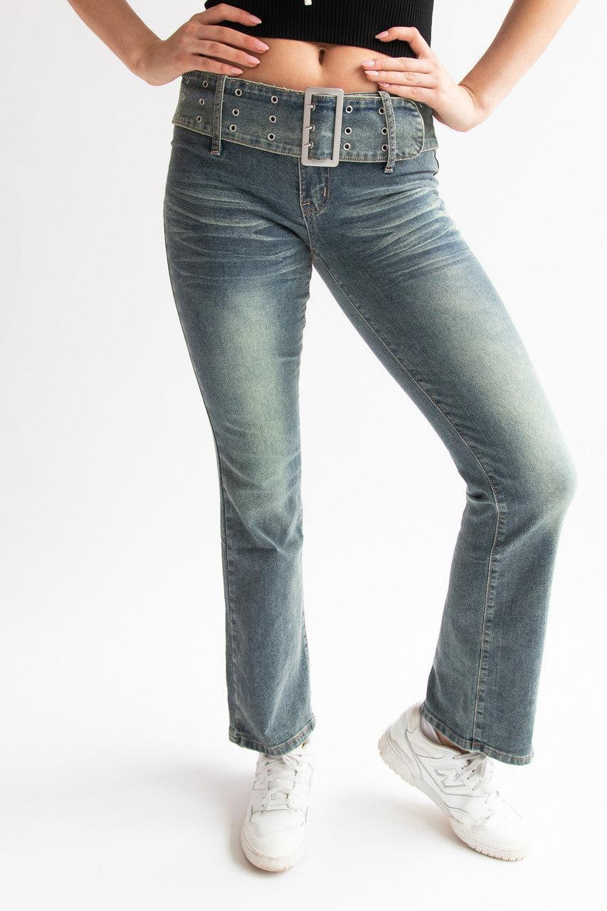 Grunge Wash Belted Flare Jeans Product Image