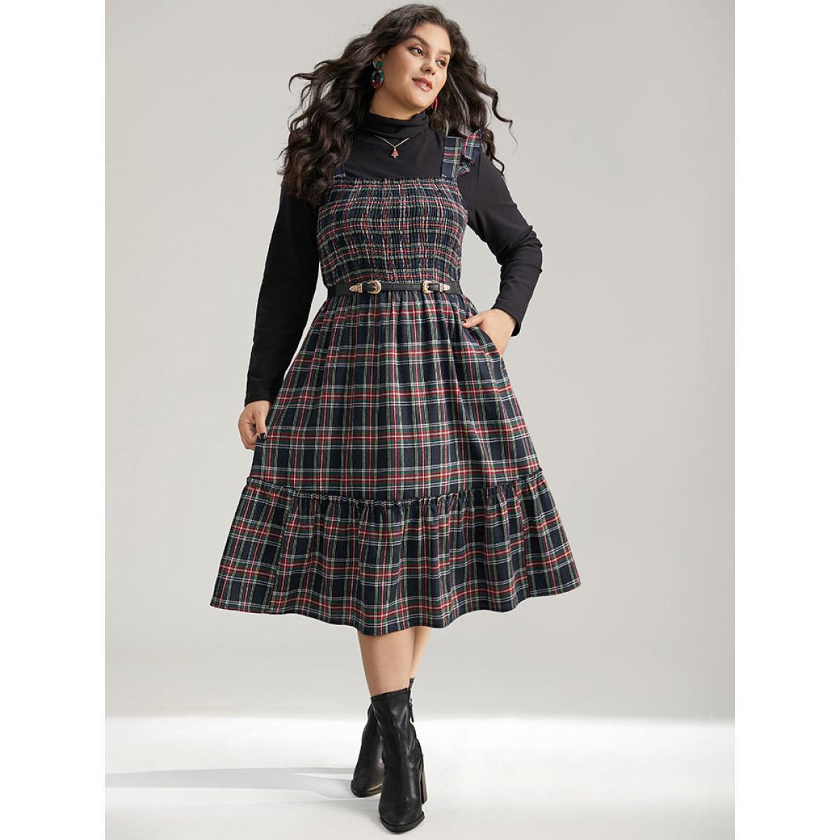 Plus Size Plaid Ruffle Trim Shirred Spaghetti Strap Dress Indigo Women Casual Printed Spaghetti Strap Sleeveless Curvy Midi Dress BloomChic 10/M Product Image