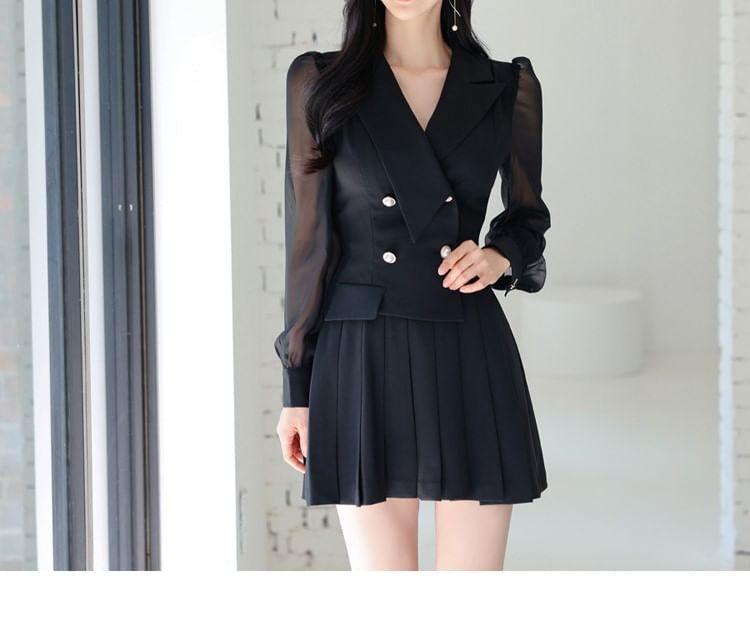 Long-Sleeve Plain Pleated Double-Breasted Mini A-Line Blazer Dress Product Image