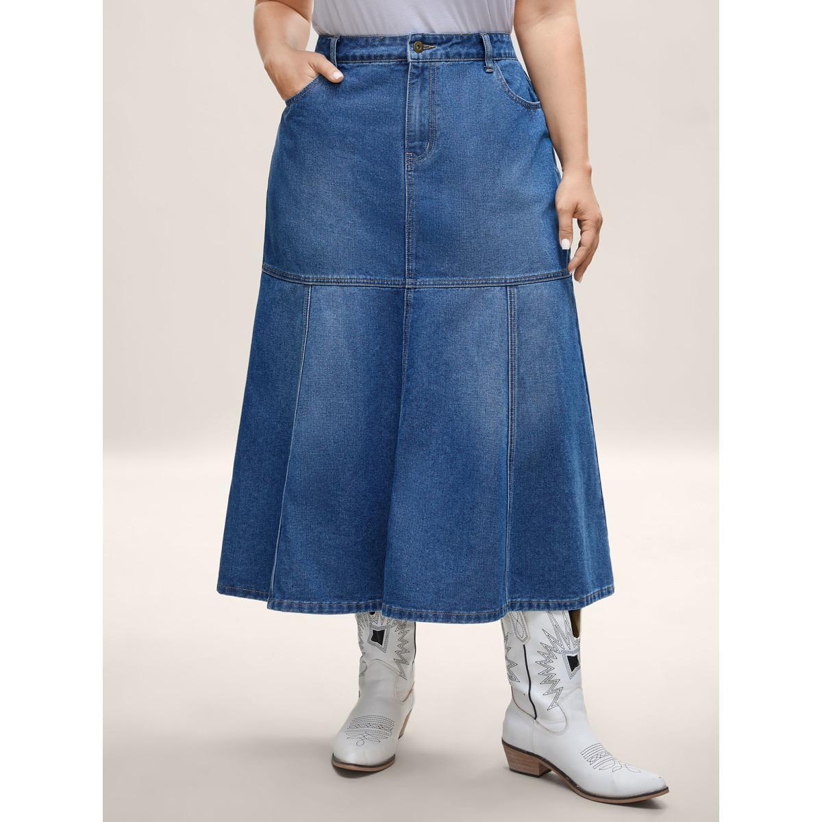 Plus Size A-Line Seamed Maxi Denim Skirt Women Midblue Everyday-Elegant No stretch Medium Wash 16/1X Slanted pocket Denim Skirts BloomChic Product Image