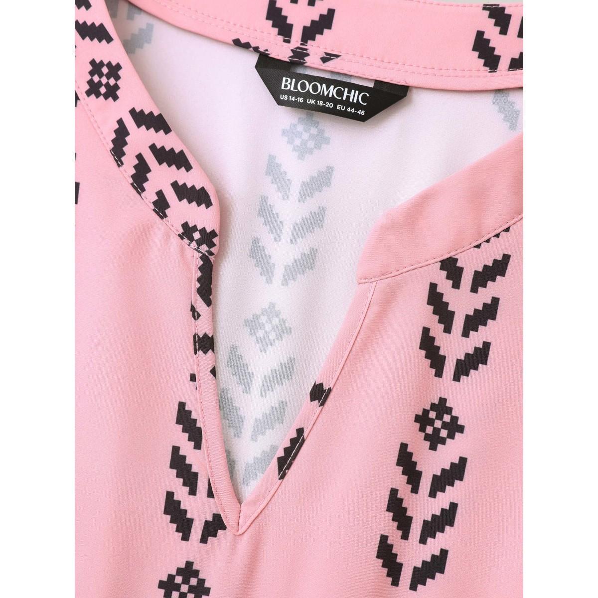 Plus Size Boho Striped Split Neck Midi Dress Blush Women Resort Non Flat collar with V-notch Short sleeve Curvy BloomChic 18-20/2X Product Image
