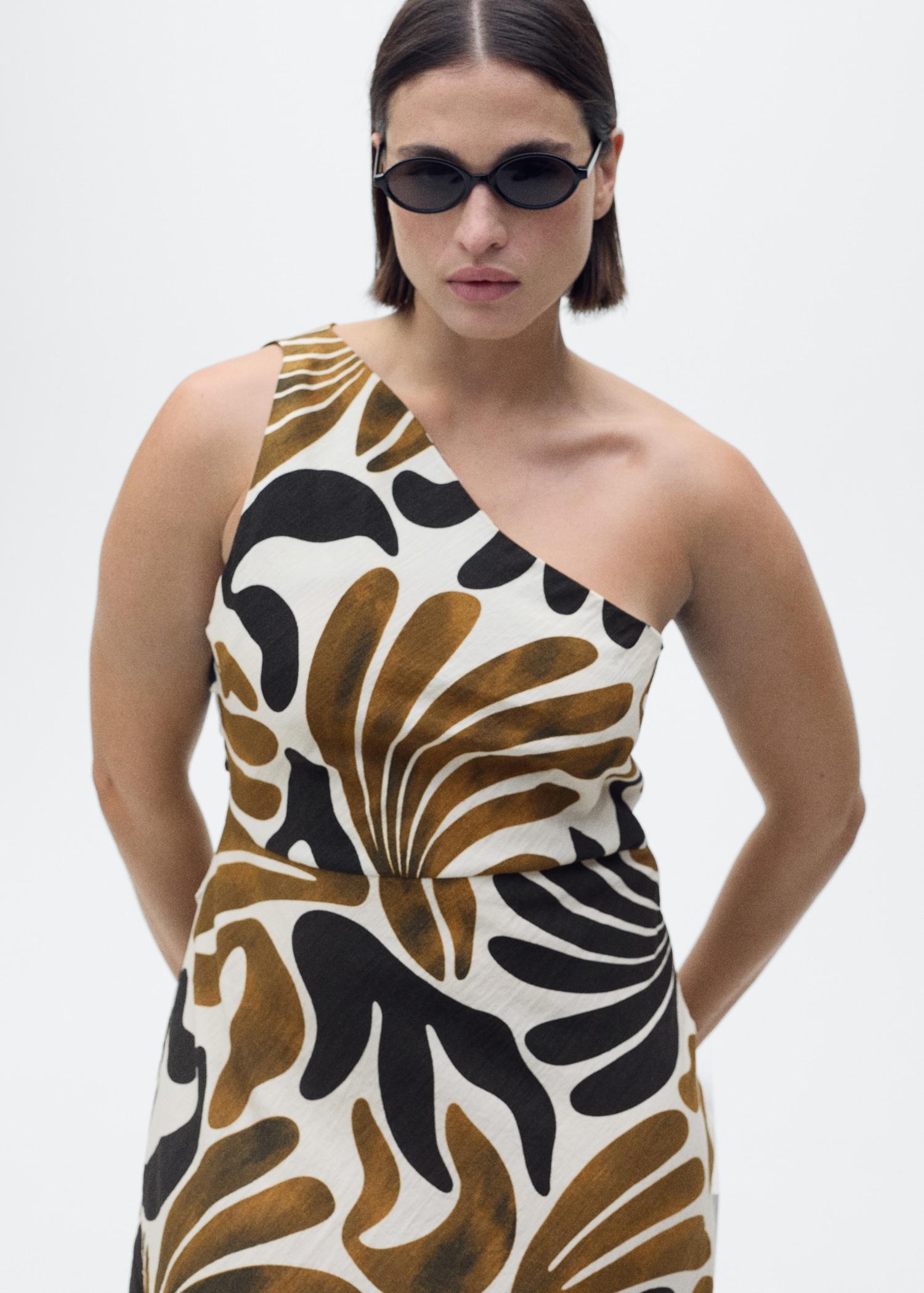 Printed dress with asymmetrical neck - Women | MANGO USA Product Image