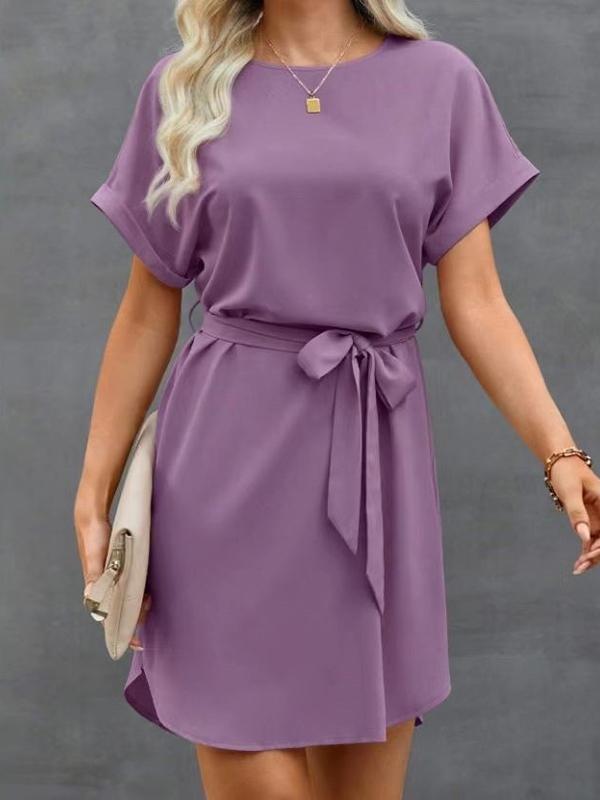 Loose Short Sleeves Solid Color Tied Waist Round-Neck Mini Dresses Product Image