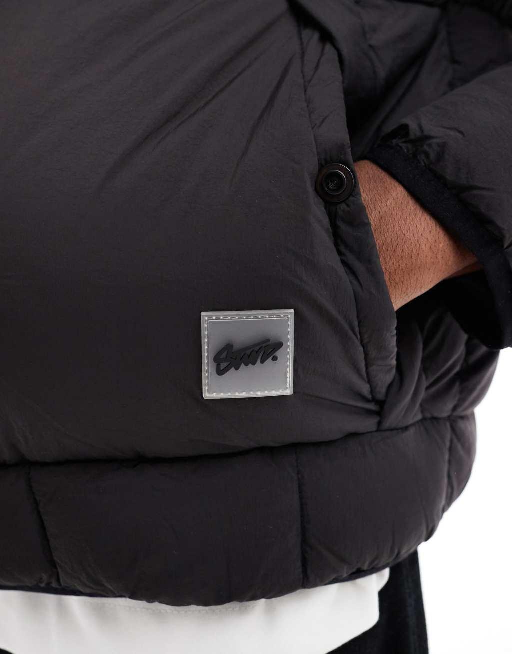 Pull&Bear lightweight puffer jacket with hood in black Product Image