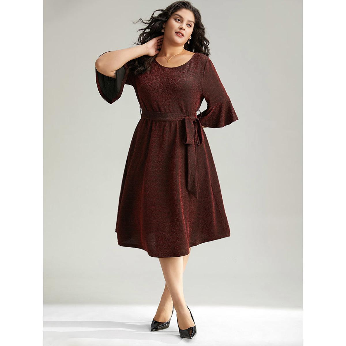 Plus Size Lurex Belted Flutter Sleeve Dress Raspberry Women Elegant Plain Round Neck Elbow-length sleeve Curvy Midi Dress BloomChic 22-24/3X Product Image