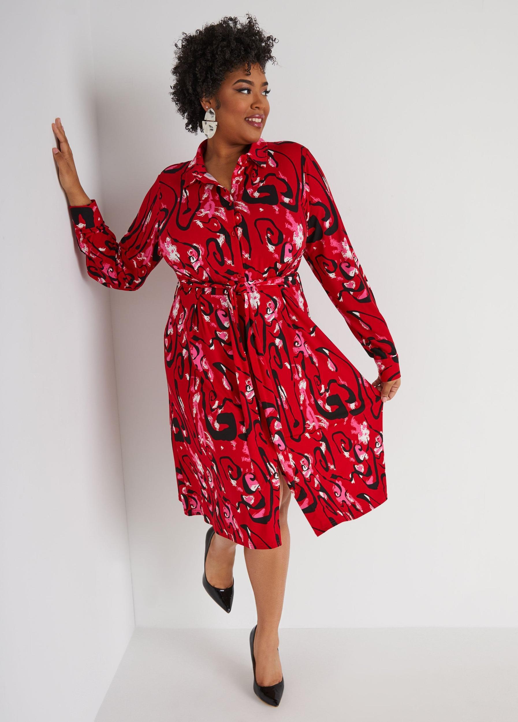 Plus Size Belted Abstract Print Shirtdress Ashley Stewart Product Image