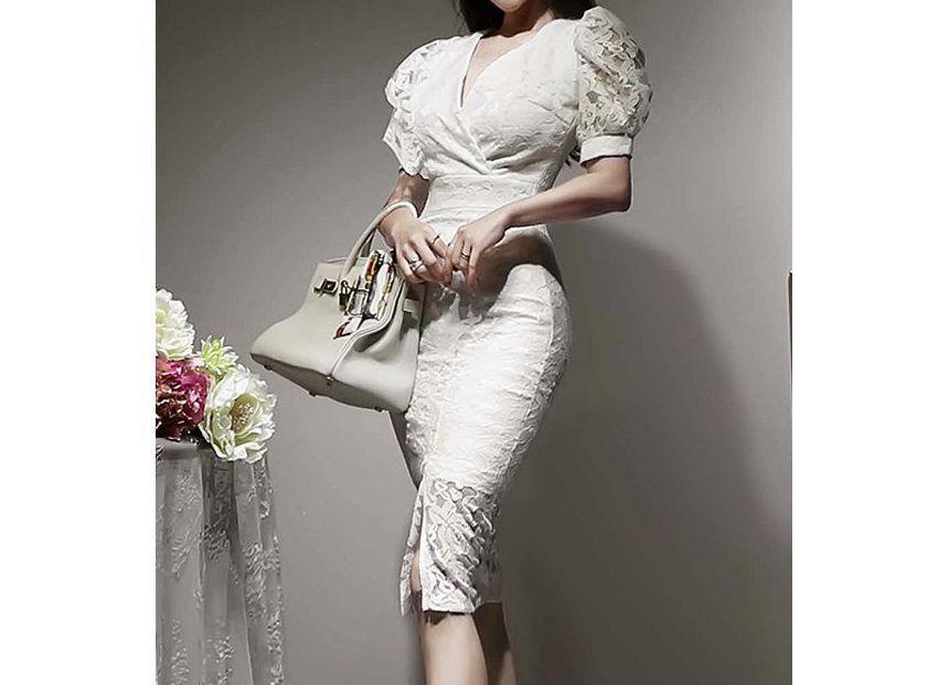 Puff-Sleeve V-Neck Plain Front-Slit Lace Sheath Dress Product Image
