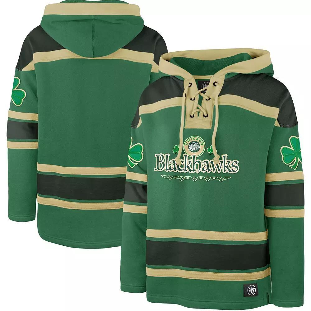 Men's '47  Kelly Green Chicago Blackhawks St. Patrick's Day McLucky Superior Lacer Pullover Hoodie, Size: Large Product Image