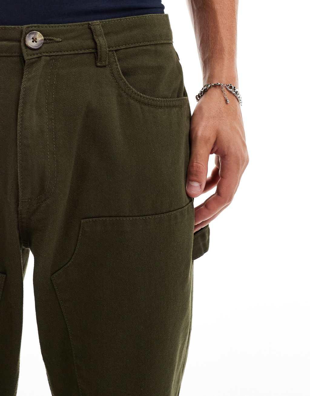 Another Influence relaxed straight leg carpenter pants in dark green Product Image